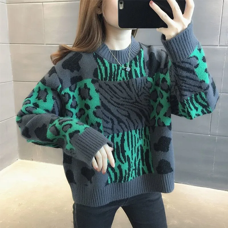 

New Autumn/Winter Fashion Lazy Print Small Thickened Round Neck Loose Versatile Foreigner Women's Long Sleeve Knitted Sweater