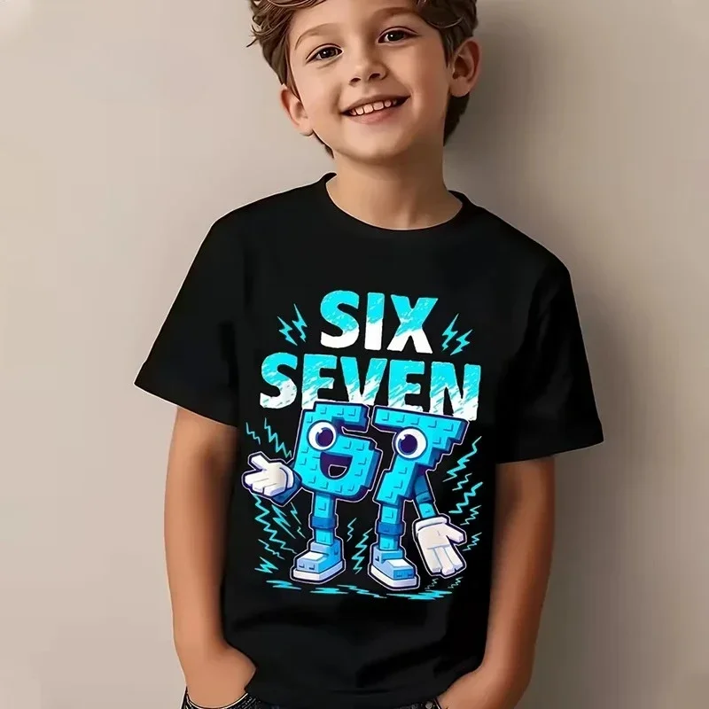 SIX SEVEN Kinder-T-Shirt aus Baumwolle, passendes Freizeit-T-Shirt für Erwachsene, Jungen und Mädchen, Cartoon-Zahlen-Charakter-Aufdruck, 6–7 Jahre, Geburtstags-Tops