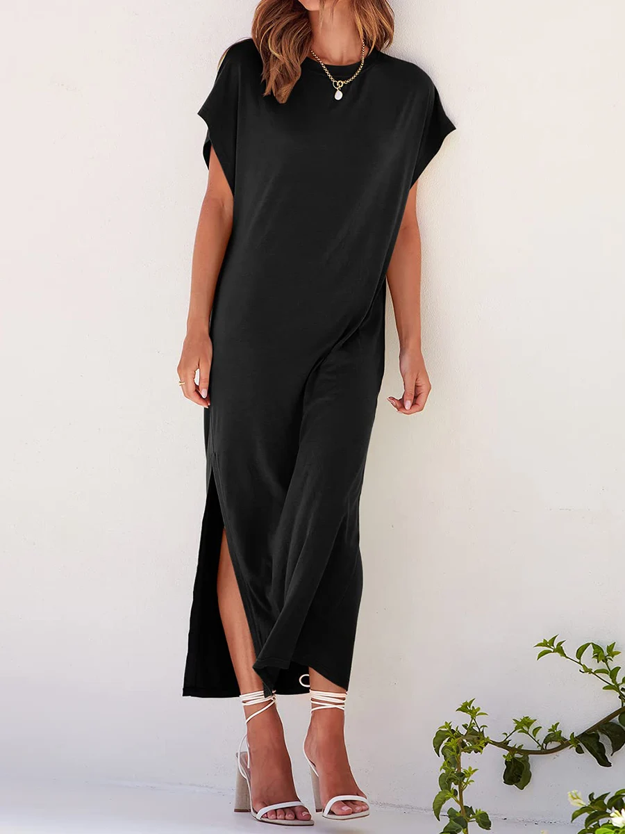 

Women s Solid Color Short Bat Sleeve O Neck Split Dress - Perfect for Casual Beach Days and Daily Wear in Summer Beachwear