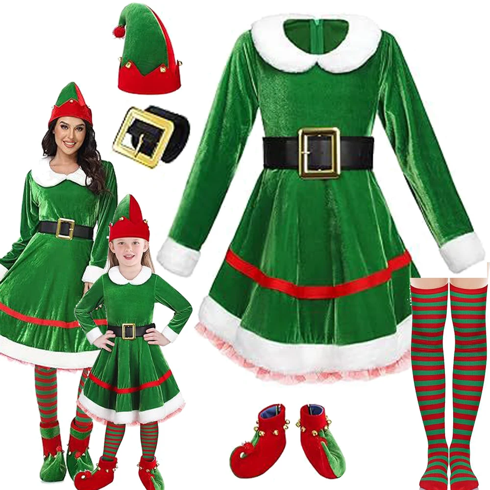 thumbnail image 2 of Disfraces de Navidad para niñas y mamás, conjunto de vestido + sombrero + calcetines + zapatos + cinturón para toda la familia, elfo navideño, traje de Navidad para niños y adultos, 2 of 5