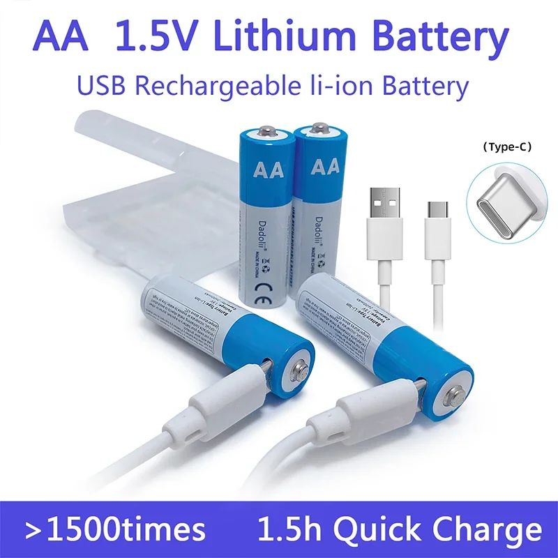 

AA Battery 1.5V AA Rechargeable Li-ion Battery With USB cable Li-polymer Type-C Lithium Batteries For Toy Remote Control MP3