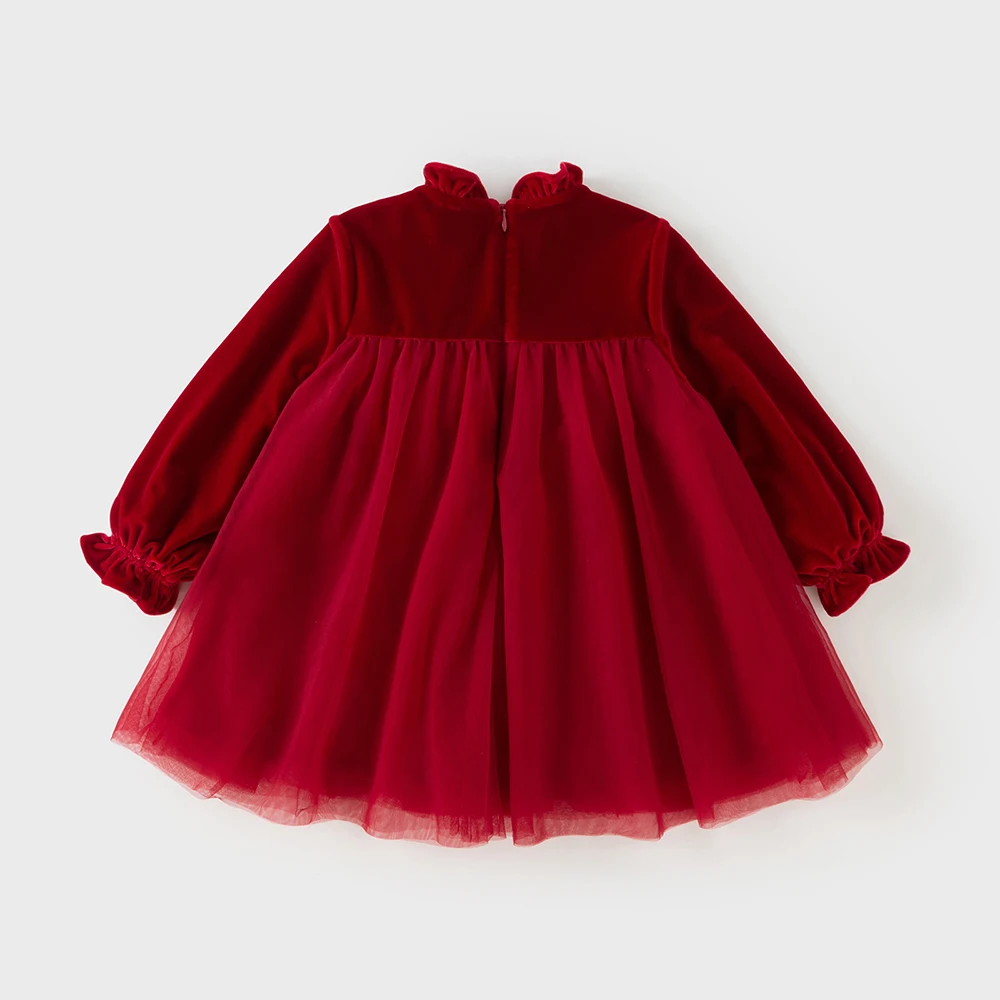 ديف بيلا الفتيات الأميرة المخملية فستان الشتاء الطفل لطيف سحر الدانتيل فستان شبكي حفلة سميكة طويلة الأكمام ملابس خارجية حمراء DB4254215
