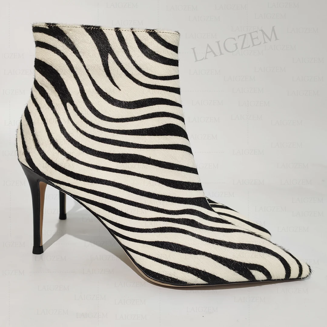 

LAIGZEM Women Ankle Boots Horsehair Pointed Toe Side Zip 8.5CM High Heels Short Boots Handmade Zebra Shoes Woman Size 36 38 39