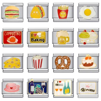 URING Fashion Cute Y2k Food Cake Cheers Bread Beverage Italian Charm Links Fit 9mm Bracelets Stainless Steel DIY Men Jewelry 1