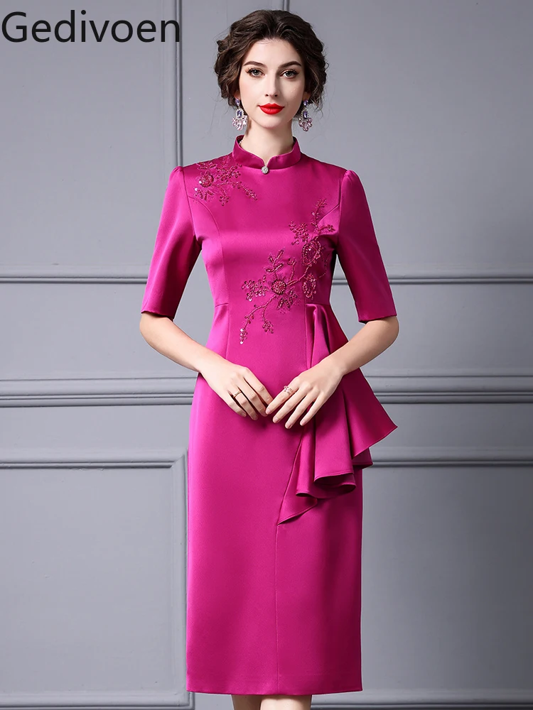 

Gedivoen Summer Fashion Runway New Designer Stand-up Collar Fold Embroidery Chinese Style Retro Style Mid Length dress