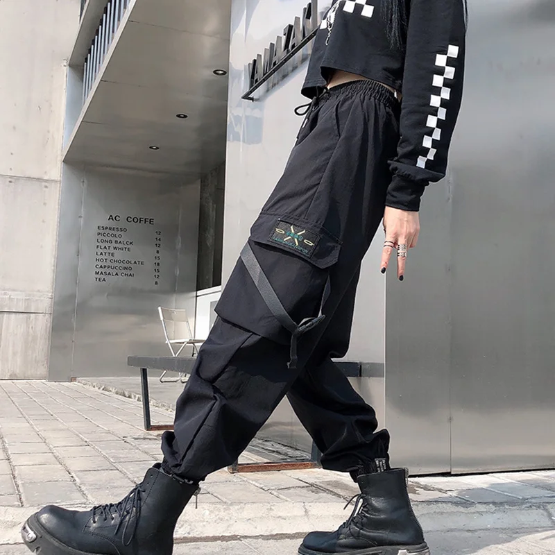 capri sweatpants Casual Big Pockets High Elastic Waist Punk Loose Streetwear Baggy Tactical Trousers Hip Hop Joggers Cargo Mujer Pants Women black cargo pants