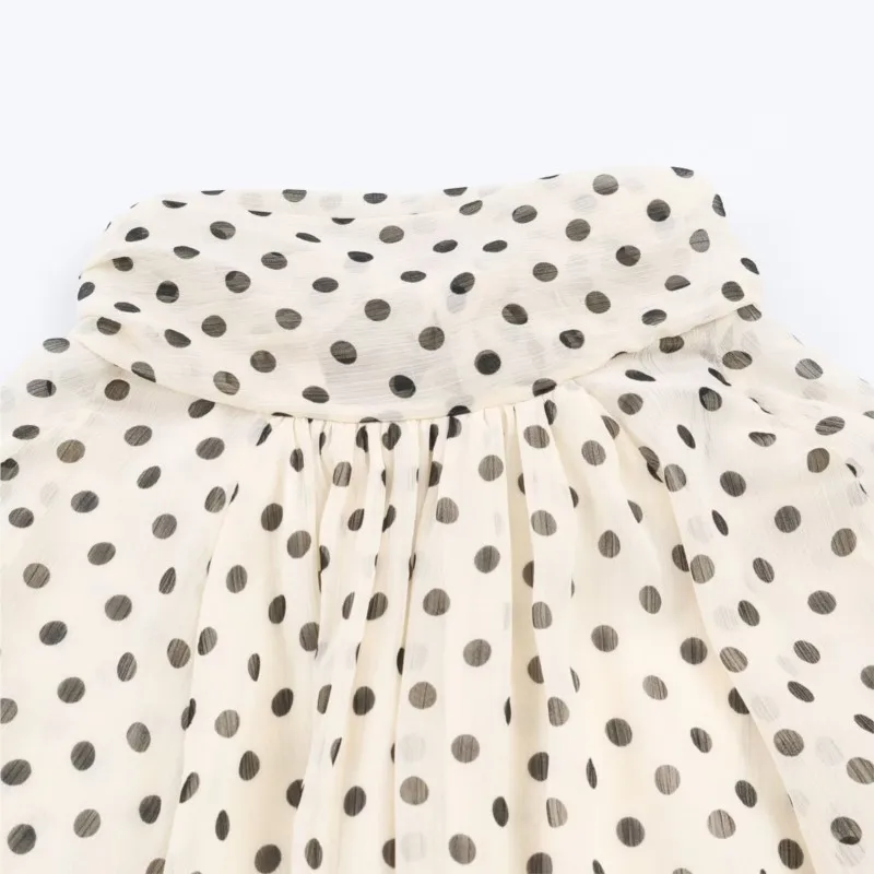 Women Polka Dot Print Blouse Casual High Collar Long