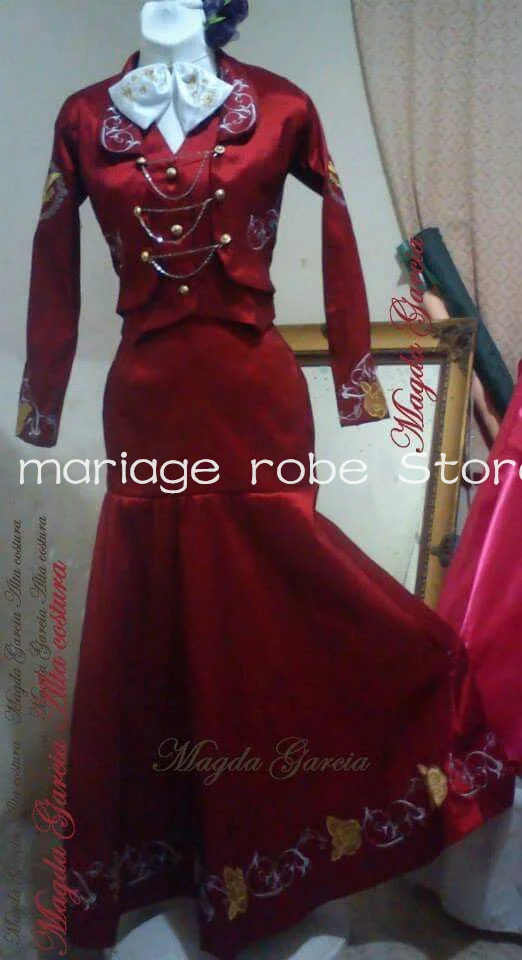 

Винно-красное мексиканское платье для выпускного вечера Mariachi из двух предметов с цветочной вышивкой вечернее платье с юбкой-годе vestidos de fiesta