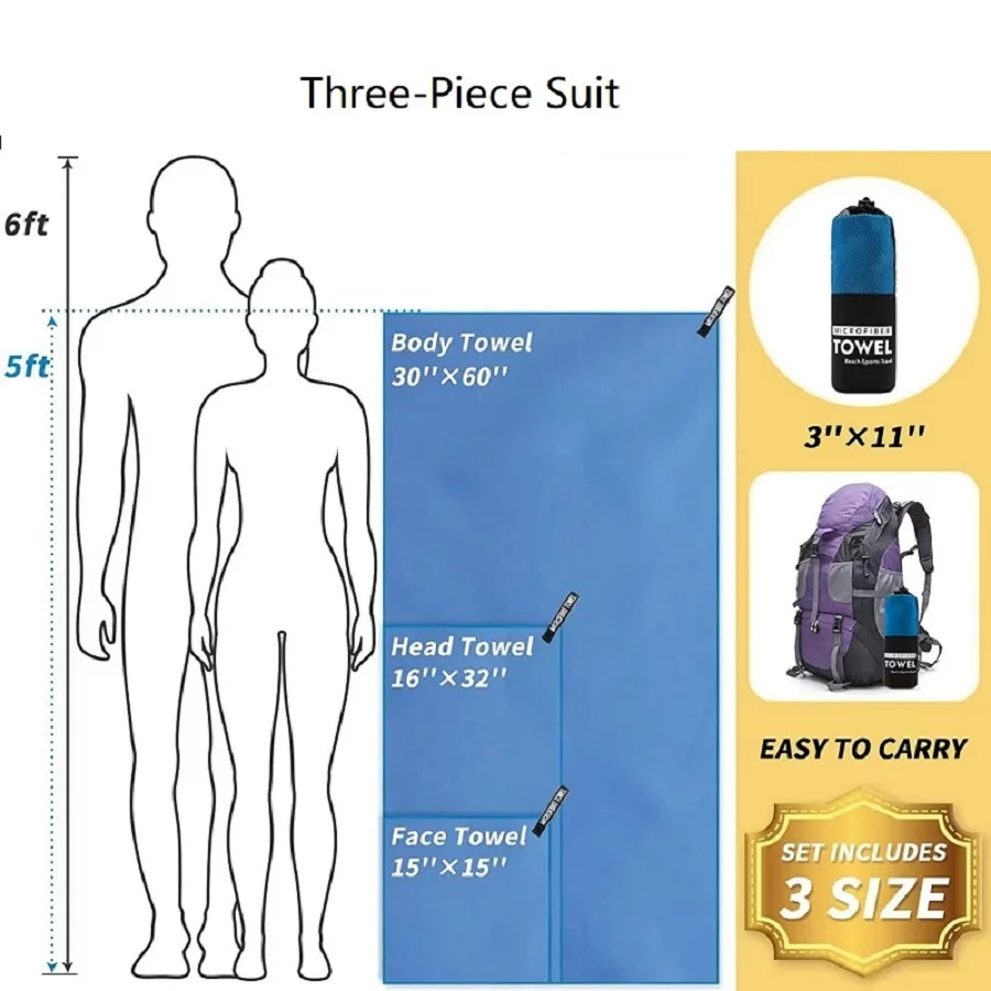 3PCS Set Of Sports Microfiber Quick Dry Towel Portable Ultralight Absorbent Towel For Swimming Gym Fitness Yoga Beach Travel microfiber towel set
