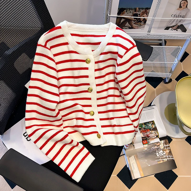 Circyy Sweater Women Red Striped Cardigan O-Neck Korean Fashion Knitted  Shirt Long Sleeve Spring Autumn Sweet Female Casual 2022 - AliExpress