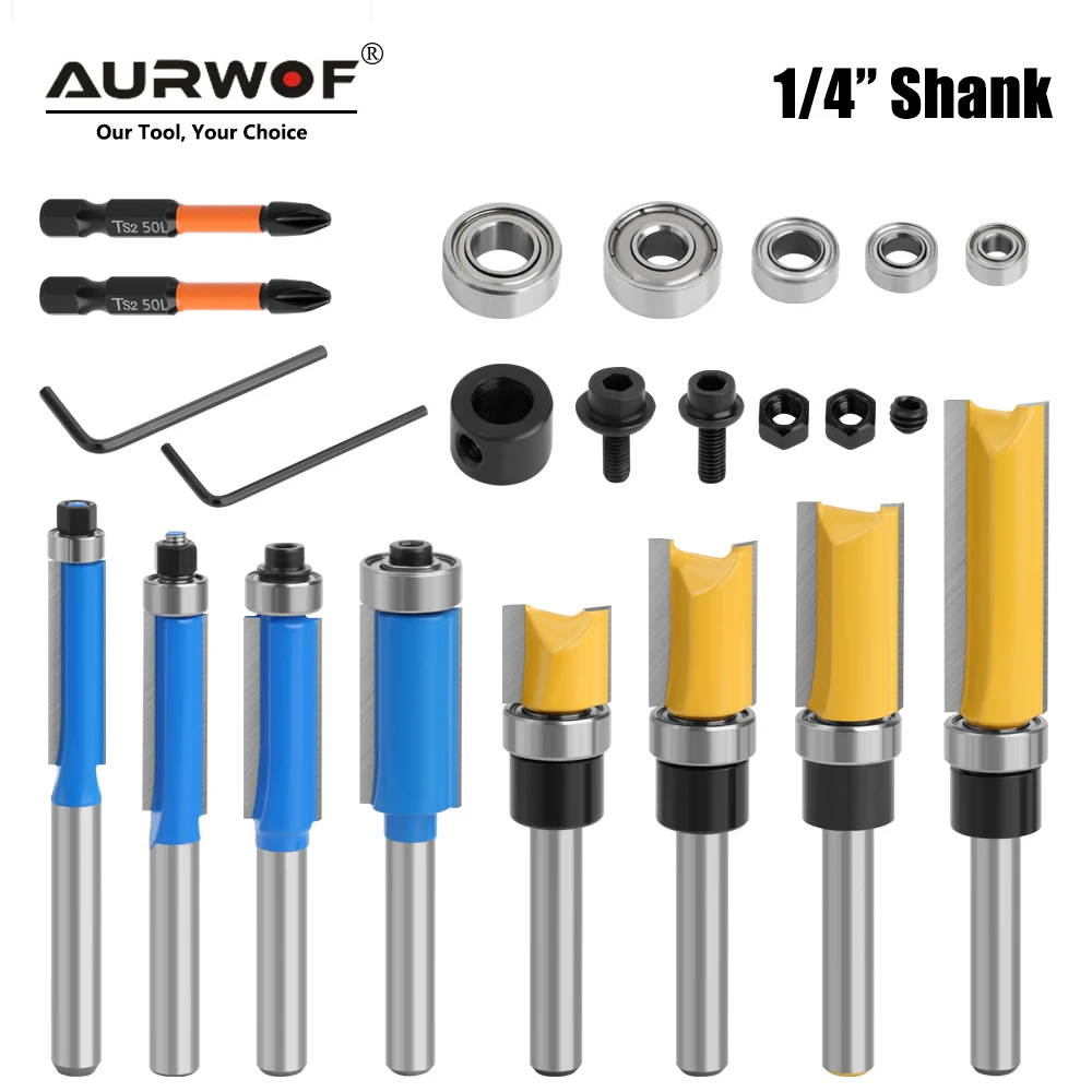 

16pcs 1/4 Shank Router Bit With Bearing Set Pattern Flush Trim Router Bit Emplate Milling Cutter For Wood Woodworking End Mill