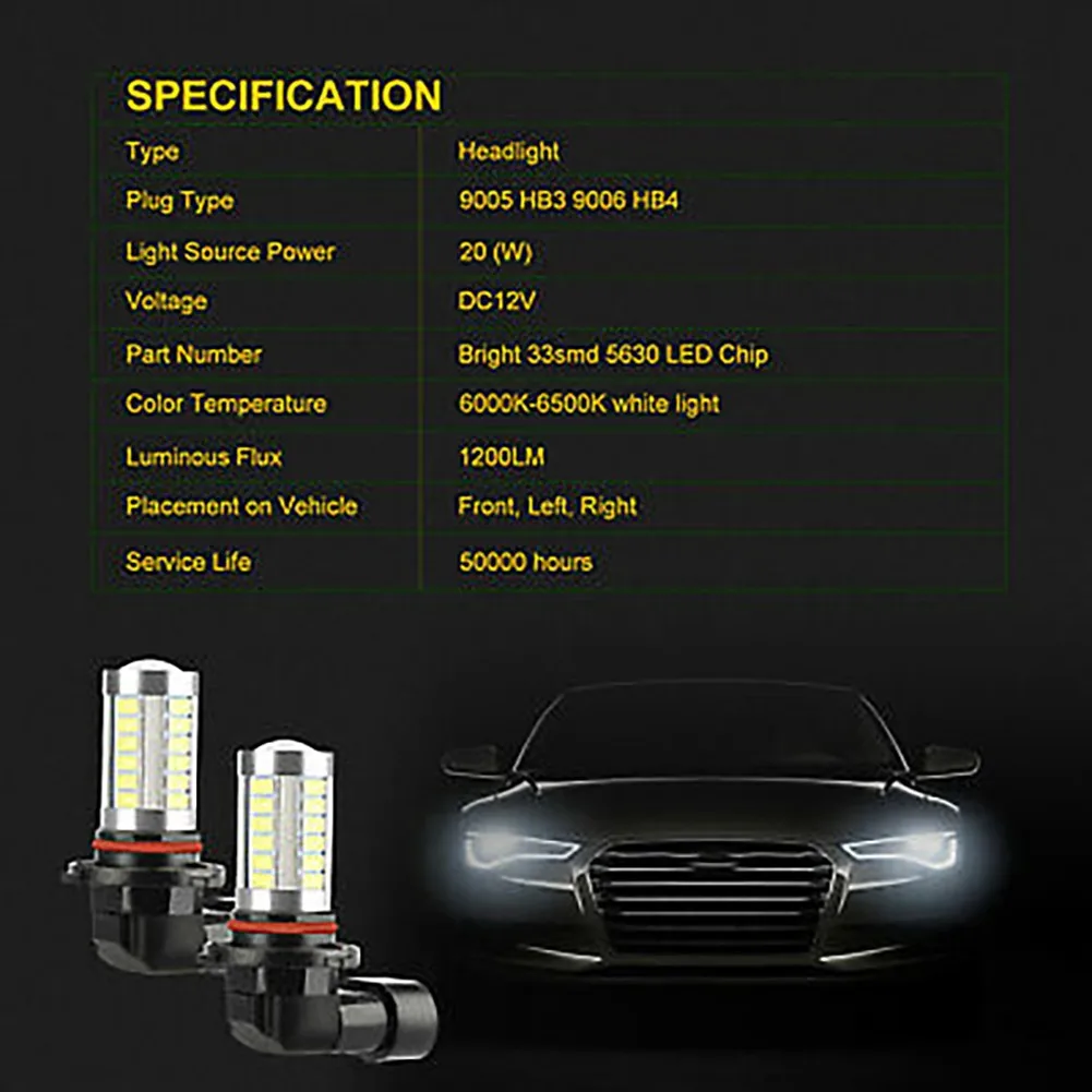 

6,6 Вт 9005 9006 фары 6000-6500K лампы Combo HB3 HB4 дальний и ближний свет 1200LM 33 SMD 5630 Светодиодный долговечные практичные