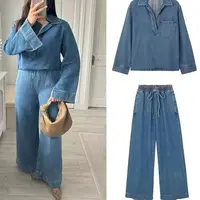 KONDALA 2025 Fall Winter Casual Denim Women Suits Fashion Vintage Turn-down Collar Pocket Shirts Chic Drawstring Wide Leg Pants