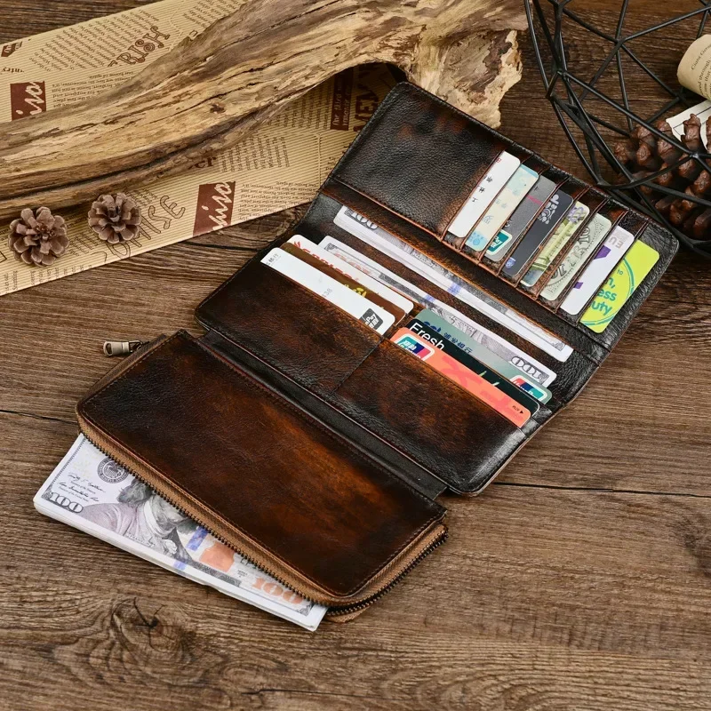 Vintage Distressed Leather Men's Wallet with Multiple Card Slots and Zipper Coin Pocket