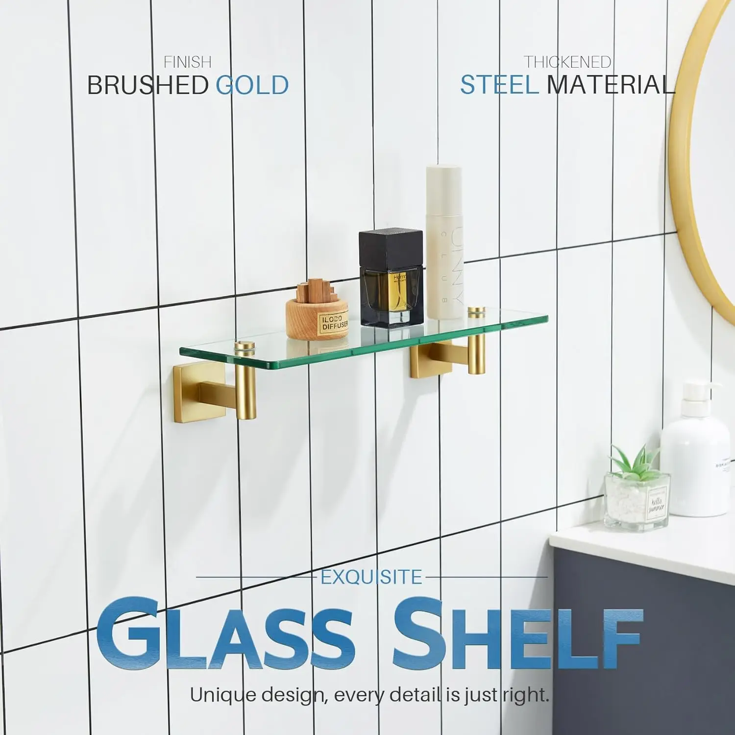 Kokosiri Wall Shelves Floating Shelf 16'' Stainless Steel Bathroom Hardware Tempered Glass Small Hanging Rack For Storage/Room 3