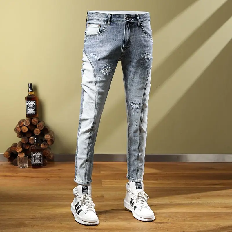 Men\'s Jeans Social Fashion Men\'s Autumn Patch Splice Used Motorcycle Vintage Pants skinny Ripped jeans jeans men