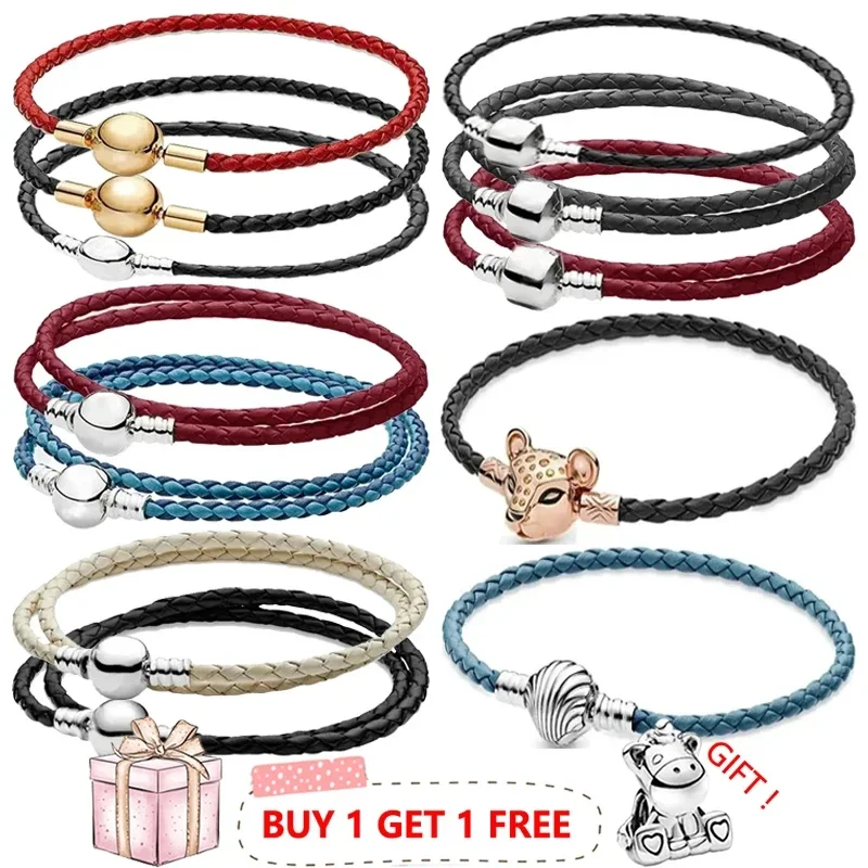 

New Hot Selling S925 Sterling Silver Exquisite Woven Leather Rope Women's Logo Double Ring Bracelet Women's DIY Jewelry