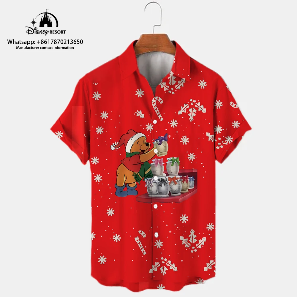 

2022 Christmas Winnie the Pooh and Mickey Anime Summer New Disney Brand Men's Lapel Short Sleeve Shirt Beach Wind Slim Top Y2K