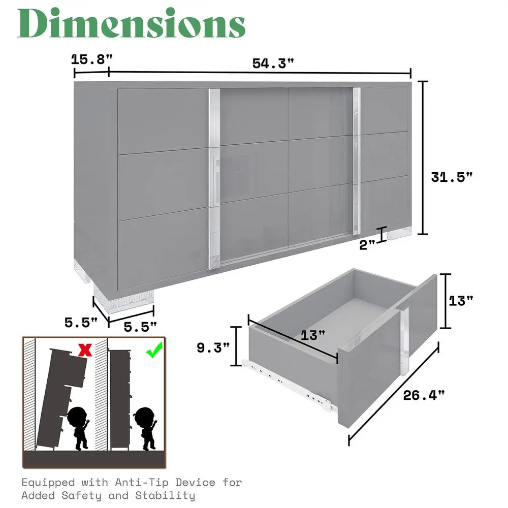 3-Piece Bedroom Set – 2 Nightstands & 6-Drawer High Gloss Dresser 2