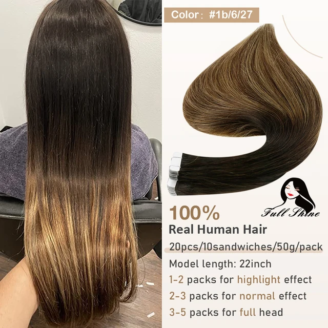Full Shine Tape In Hair Extensions 100% Remy Natural Human Hair Skin Weft Invisiable Seamless Omber Blonde Color Glue For Salon 1b 6 27