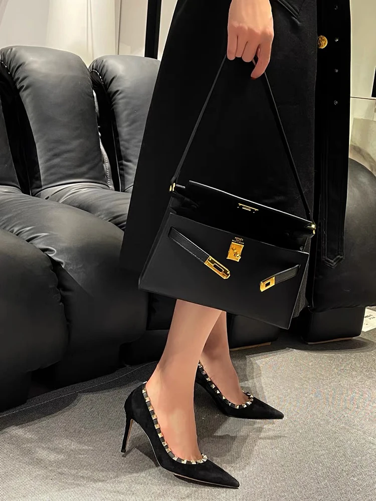 Spring 2024 new temperament Maillard cashmere rivet single shoes with pointed stilettos and short-toed high heels for women.