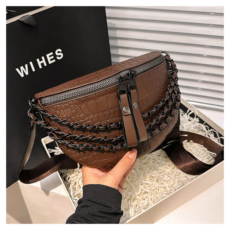 Fashion Chain Waist Bag Women PU Wide Shoulder Strap Chest Bag