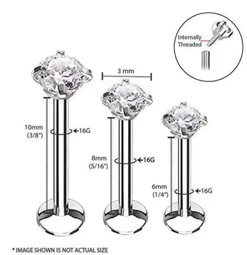 Piercing Jewelry Surgical Steel Silver Color Labret Lip Ring Zircon Internally Threaded Prong Monroe 16G Women Tragus Helix Piercing Earring 1PC piercing jewelry