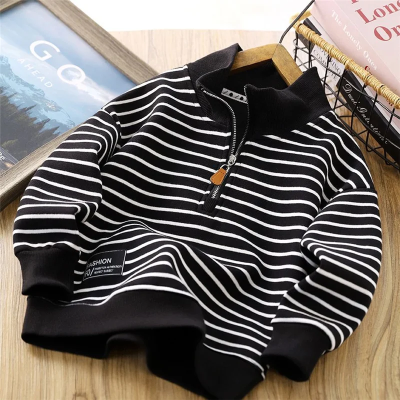 Children Stripes T-shirt Autumn Girls Pullover Tees Big Kids Clothing Lapel Zipper Tops Boys Sportswear Long Sleeved T-shirts 3