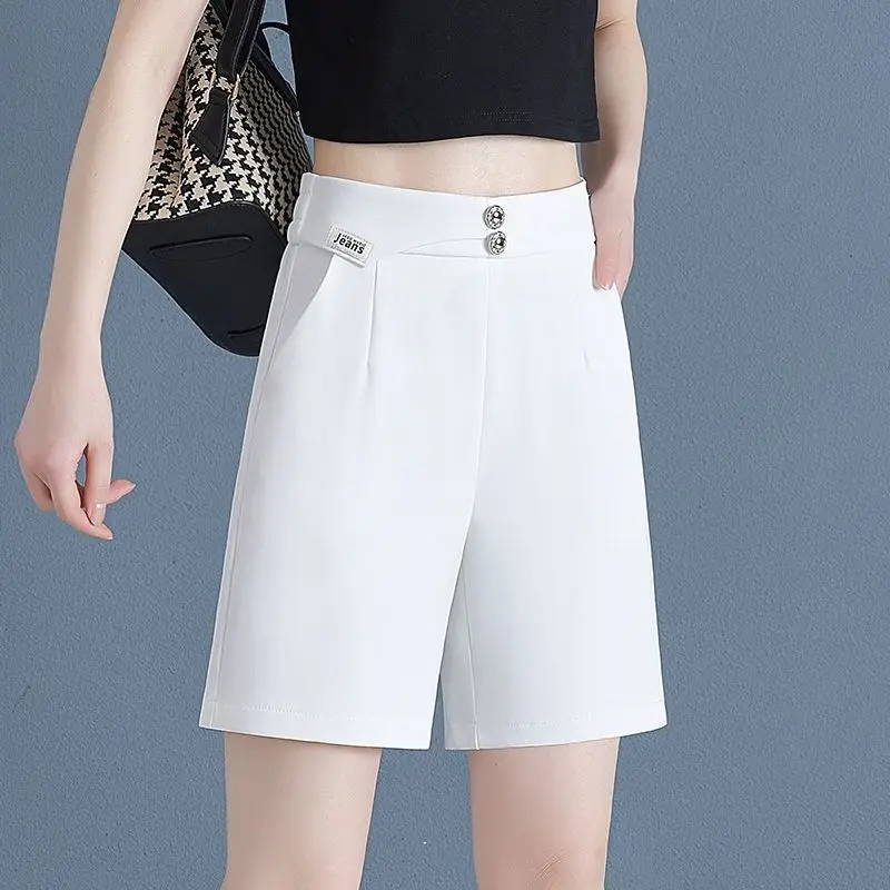 New Women's 2024 Summer Spliced High-waisted Button Zipper Pocket Letter Fashion Solid Color Comfortable All-match Casual Shorts