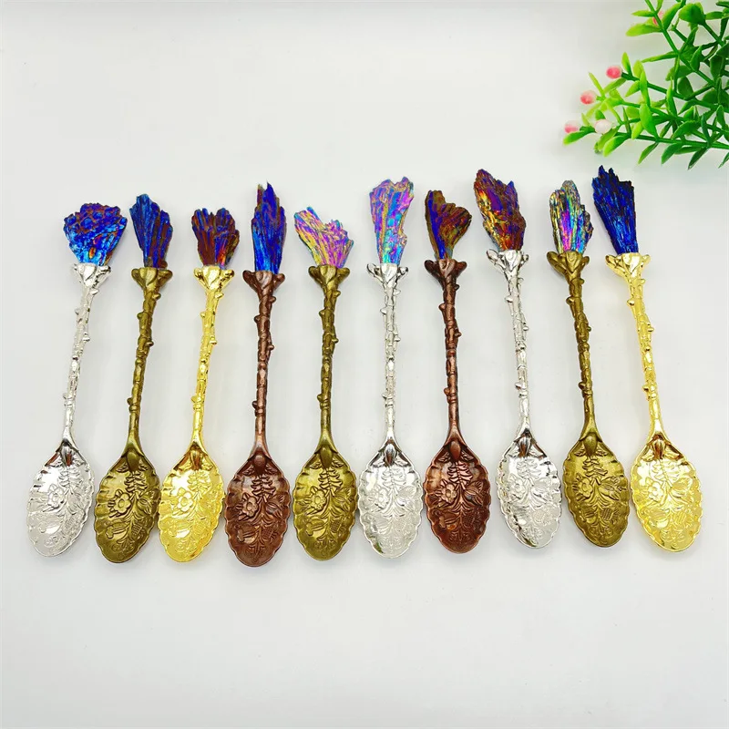 Exquisite Ice Cream Decor Spoon Inlaid Natural Crystal Black Tourmaline Electroplated Peacock Blue Flame Feather Cluster Ore 1pc электроника iao cluster curiosum black vinyl lp