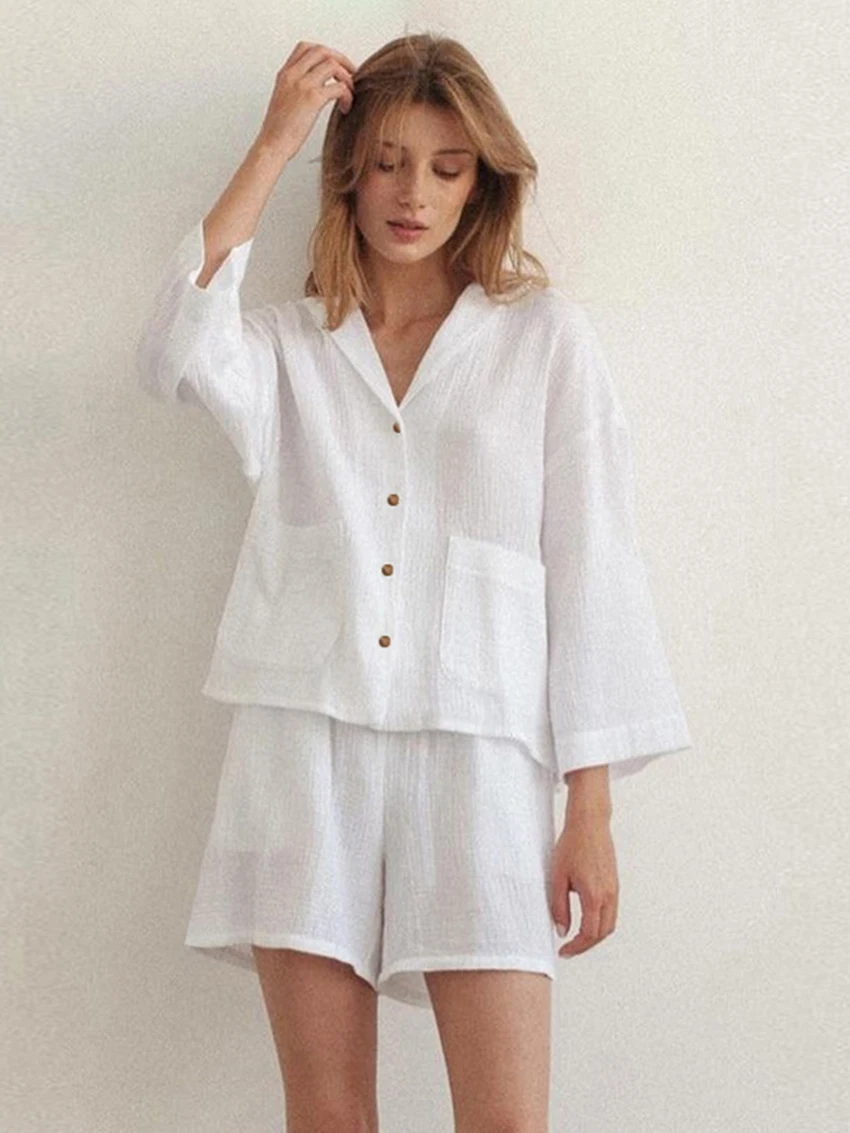 Marthaqiqi Cotton Women'S Nightwear Suit Long Sleeve Nightgowns Sexy Turn-Down Collar Shorts Casual Ladies Sleepwear 2 Piece Set