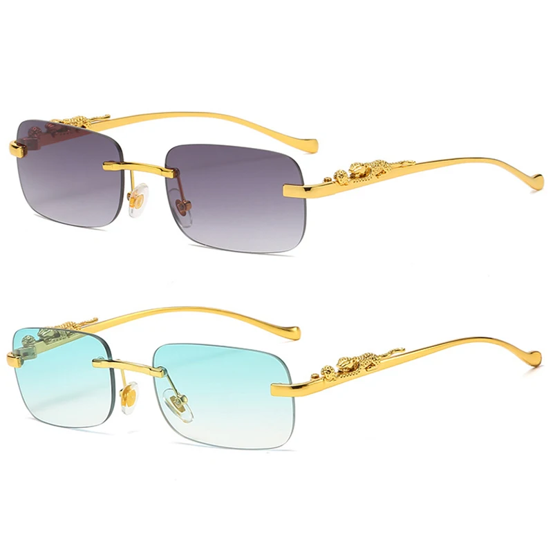 New Rimless Rectangle Vintage Metal Leopard Head Sunglasses Fashion Frameless Tinted Glasses Shades For Women Men_voghion.com