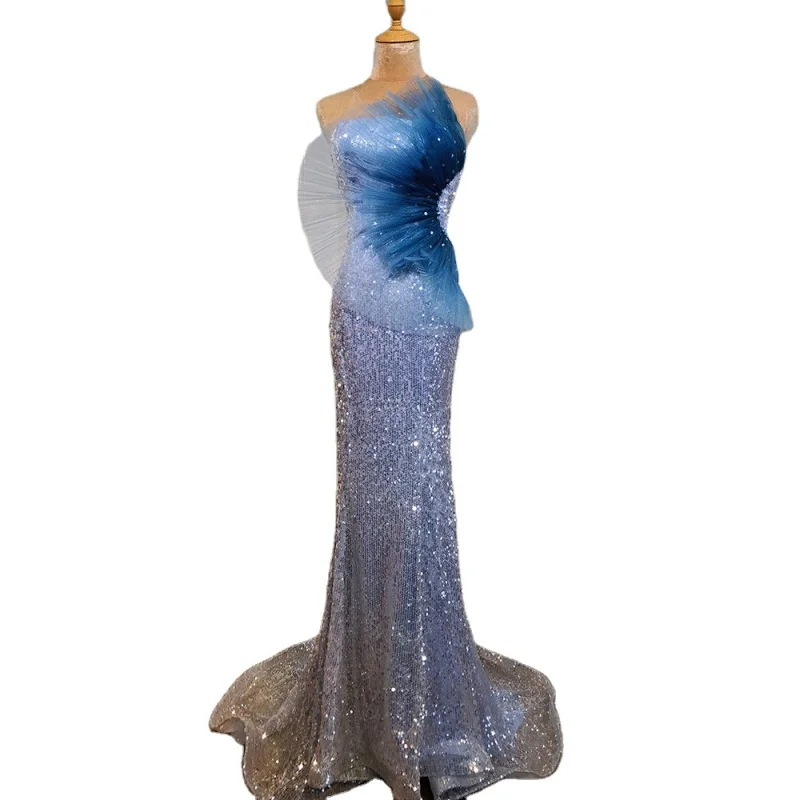 

Grey Blue Strapless Mermaid Designs Evening Gowns 2021 Customized Real Photo Sexy Formal Party Dresses For Women
