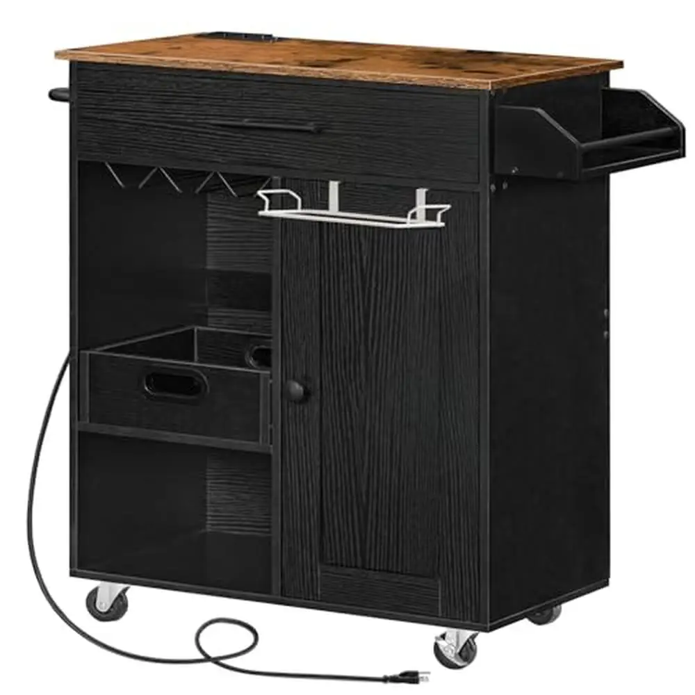 Rolling Kitchen Island Cart with Power Outlet and Handy Socket Ample Storage Space and Wine Glass Rack Sturdy Structure kitchen storage cart