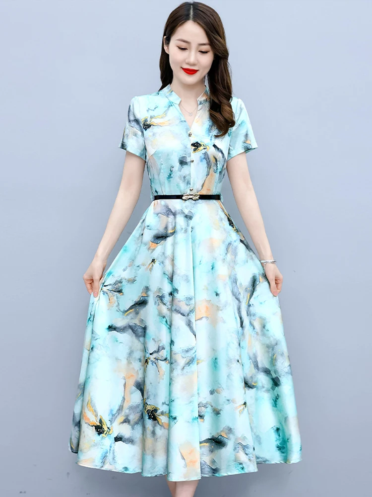 

2023 New Floral Long Satin Dress Summer Elegant Fashion Casual Outfits For Women V-Neck Korean Vintage Prom Evening Midi Dresses
