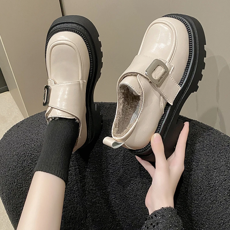 

Shoes Woman 2023 Loafers With Fur British Style Round Toe Autumn Black Flats Shallow Mouth Clogs Platform Casual Female Sneakers