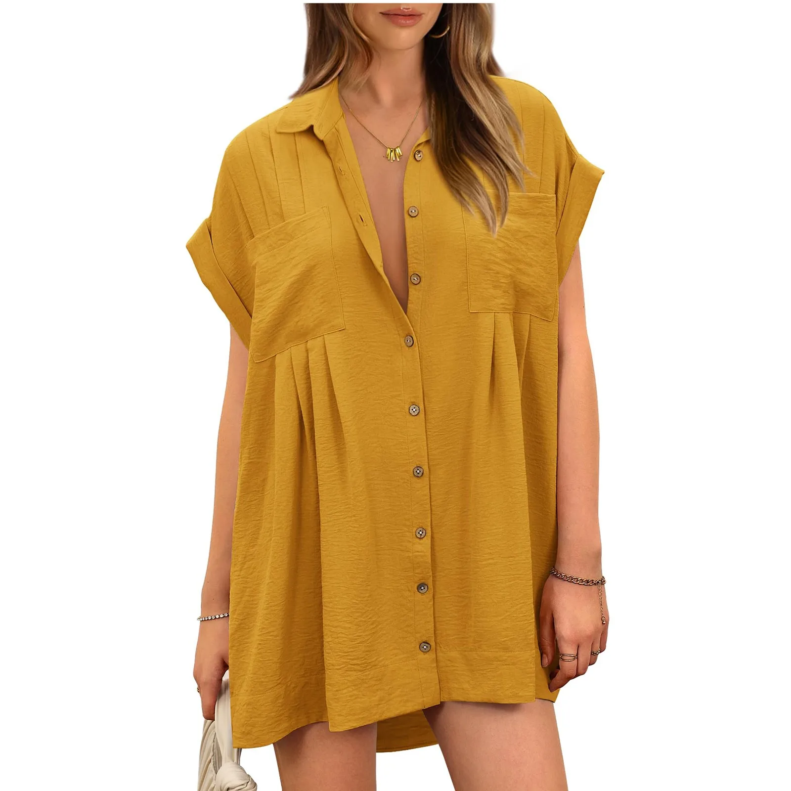 

فساتين طويلة Vestidos Cortos Women's Long Sleeve Casual Short Sleeve V Neck Button Down Dress With Pocket Vestidos De 원피스