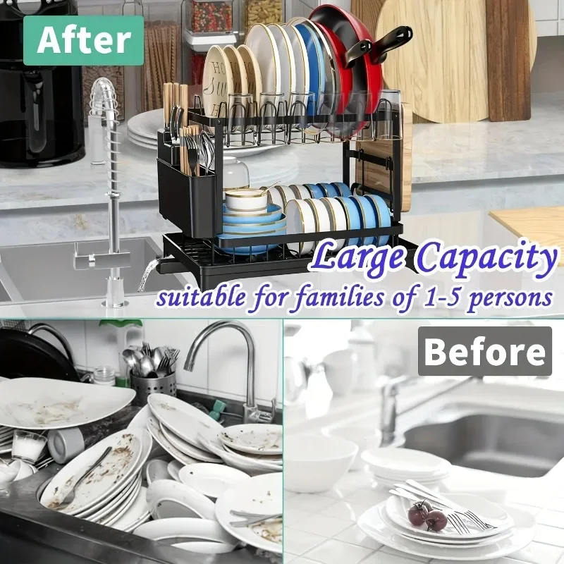 Sleek Black 2-Tier Kitchen Dish Drying Rack with Rotatable Spout and Utensil Holder