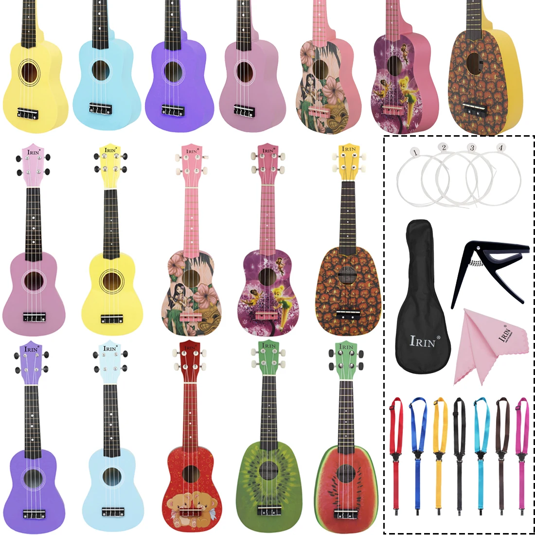 Ukulele Set IRIN 21Inch Ukulele Hawaiian Guitar Cartoon Ukulele Beginner Practice Mini Guitar Stringed Instruments Children's Gift Bag