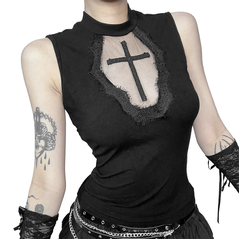 Y2K Goth Black Lace Tank Tops Sexy 90s Vintage Red Cross