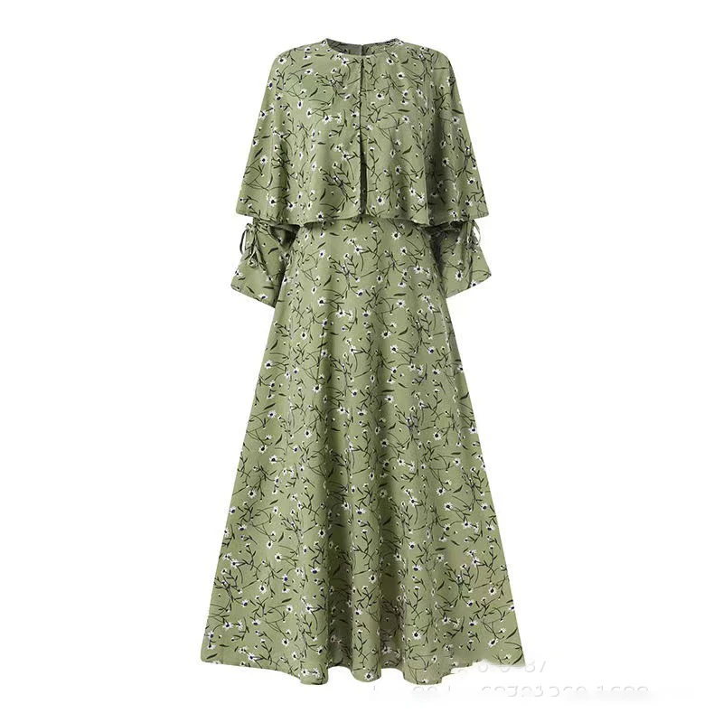 Elegant Muslim Women's Floral Dress Islam Dubai Turkey Female Abayas Spring Summer Fashion Half Sleeves Head Cape Long Vestidos