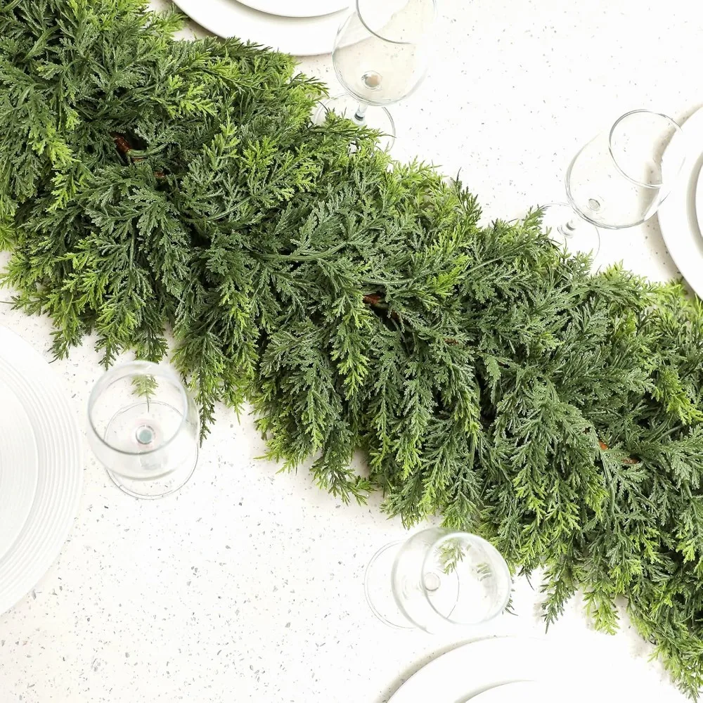 2 Pcs 9ft Christmas Cedar Garland Artificial Green Cedar Pine Needles for Home Fireplace Indoor Outdoor Holiday Party Decoration 4