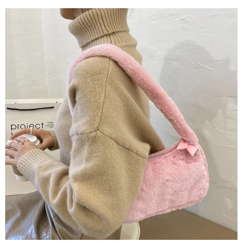 ISKYBOB Women Soft Plush Shoulder Bags Luxury Designer Soft Winter Ladies Clutch Purse Handbag Cute Fashion Underarm Bag 2024