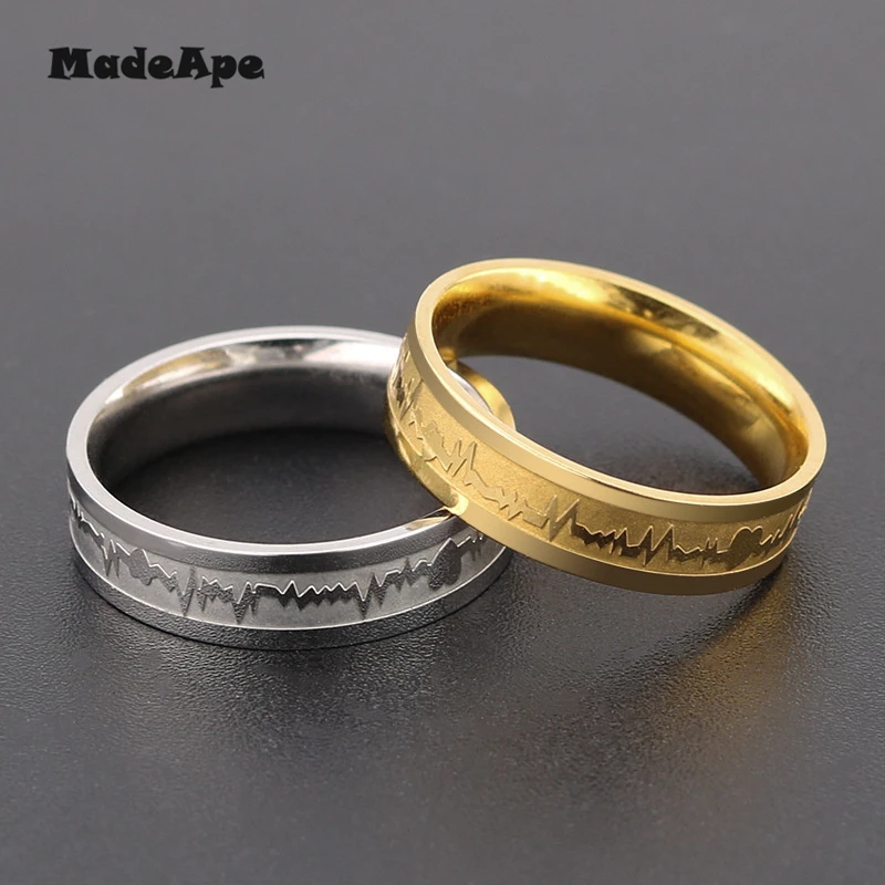 MadApe ECG Couple Ring Gold Color Titanium Stainless Steel Width 6mm Women Weddding Ring For Women Men Engagenemt Ring Jewelry 4