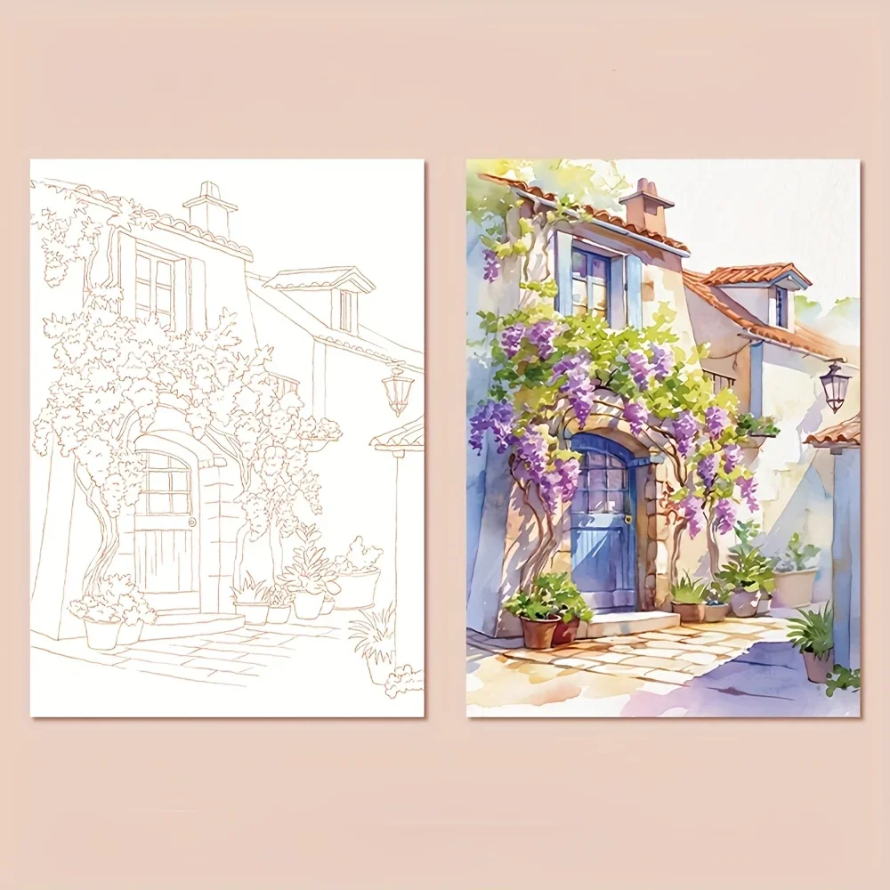 Un set di strumenti creativi per pittura ad acquerello: libro da colorare per adulti con motivi paesaggistici e floreali - immagine 2