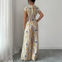 Spring and Summer Women's European and American Classic Elegant Fresh Flower Print Short Sleeve High Waist Straight Leg Jumpsuit - Image 5