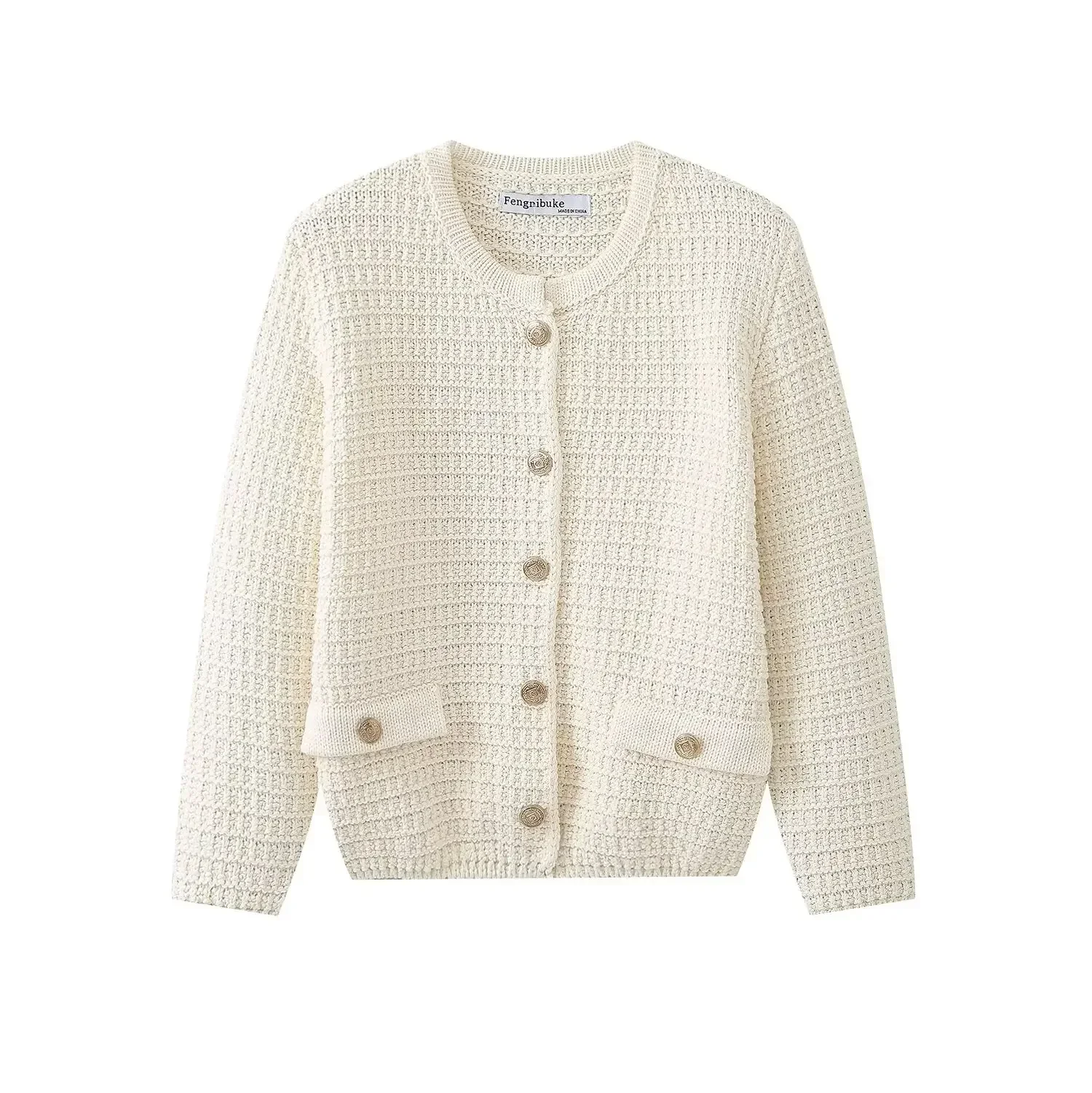 

Women's New Fashion Flip Decoration Casual Round Neck Textured Knitted Coat Retro Long Sleeve Button Women's Coat Unique Top