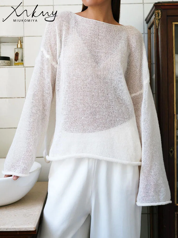 T Shirts Oversize Thin Knitted Pullovers Women Summer Trumpet Long Sleeve T Shirt For Women Loose Top Tees Transparent Sweater 3