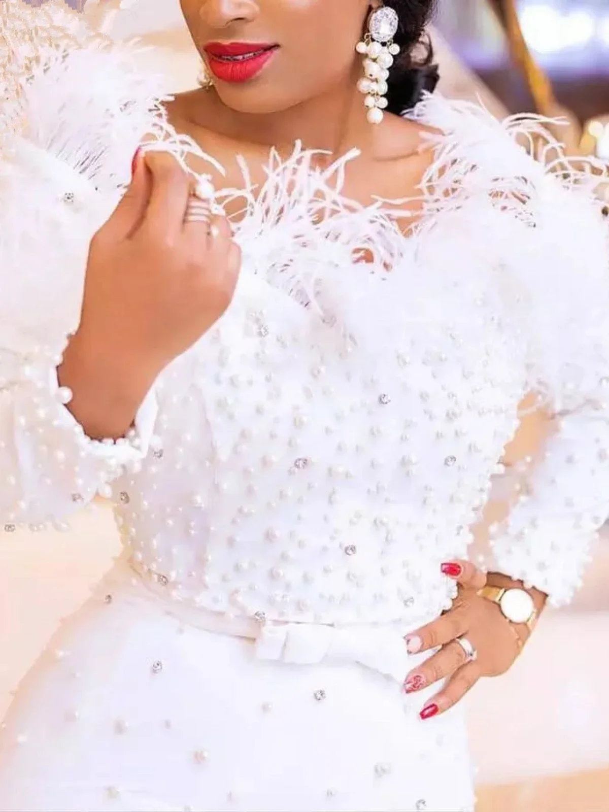 Beaded Dress Long Sleeve Evening Dress New White Beads Elegant  Women's Wear Slim Feather Neckline  Tassel Bandage  Off Shoulder