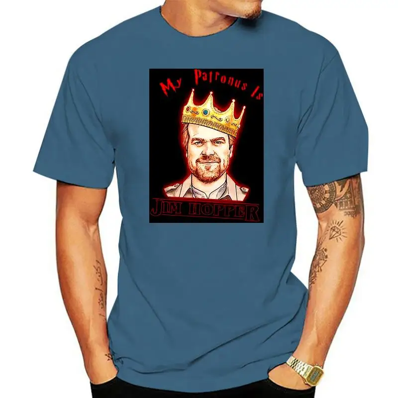 thumbnail image 1 of Camiseta Stranger tee Things My Patronus Is Jim Hopper, camiseta negra de algodón para hombre, tallas S-6XL, 1 of 5